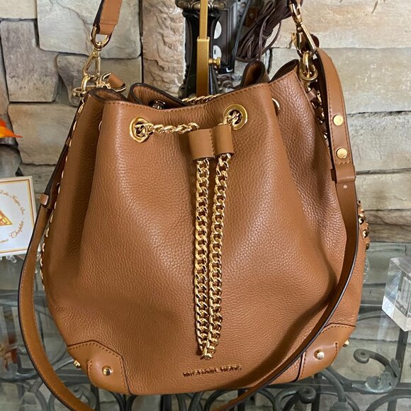 Michael Kors Tan Leather Crossbody Tote with Gold Accents - Picture 1 of 9